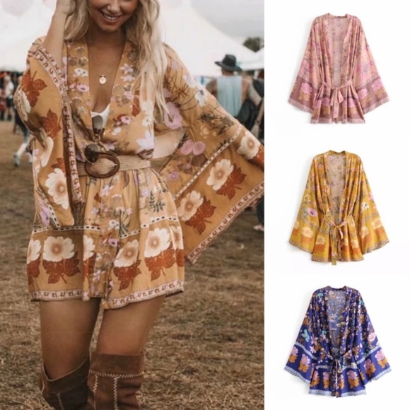 Boho Floral Print Short Kimono Belted Cover up - Picture 5 of 14